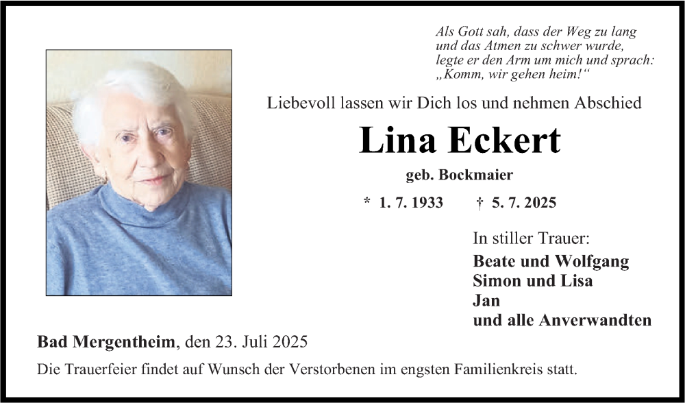  Traueranzeige für Lina Eckert vom 23.07.2025 aus Fränkische Nachrichten