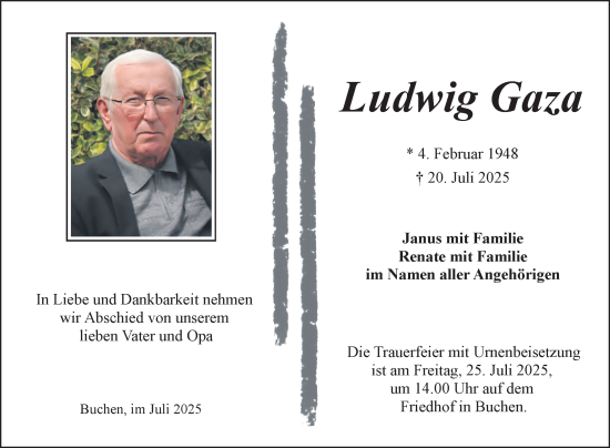 Traueranzeige von Ludwig Gaza von Fränkische Nachrichten