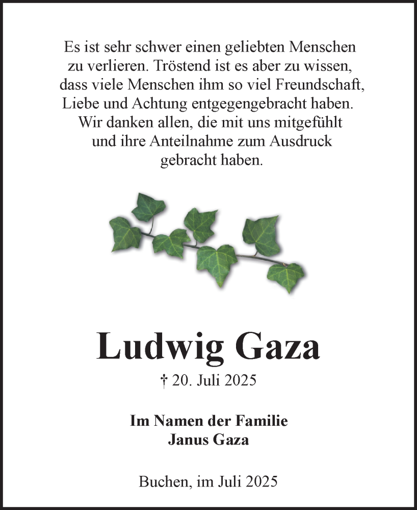  Traueranzeige für Ludwig Gaza vom 31.07.2025 aus Fränkische Nachrichten