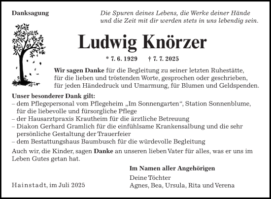 Traueranzeige von Ludwig Knörzer von Fränkische Nachrichten