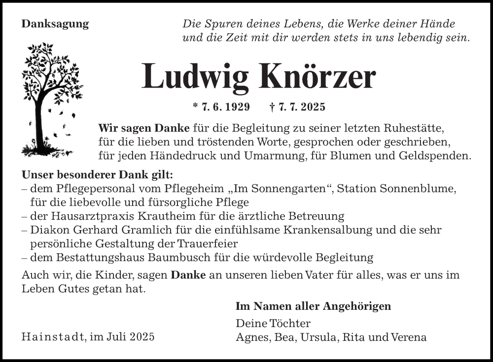  Traueranzeige für Ludwig Knörzer vom 26.07.2025 aus Fränkische Nachrichten