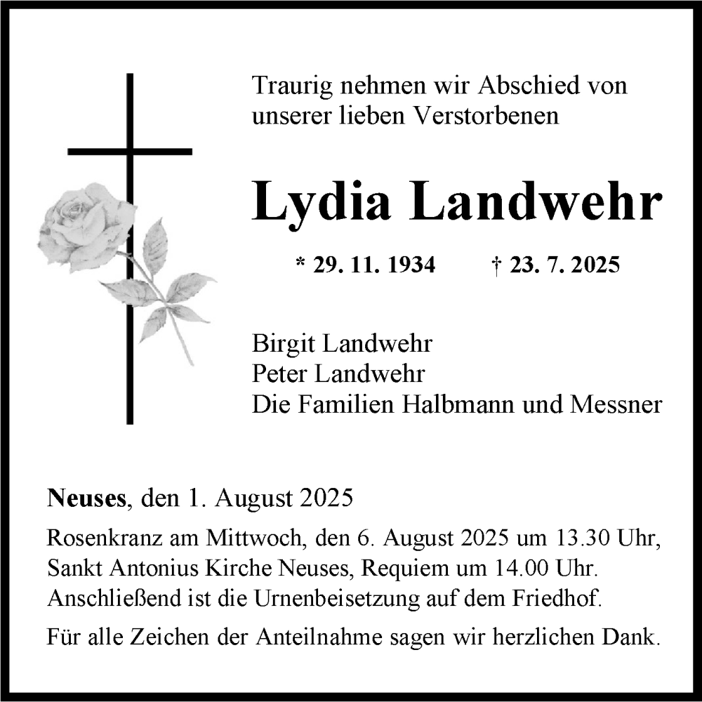  Traueranzeige für Lydia Landwehr vom 01.08.2025 aus Fränkische Nachrichten