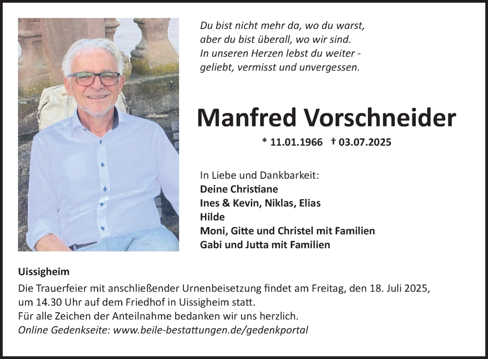  Traueranzeige für Manfred Vorschneider vom 12.07.2025 aus Fränkische Nachrichten