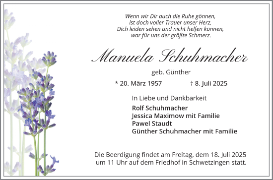Traueranzeige von Manuela Schuhmacher von Schwetzinger Zeitung