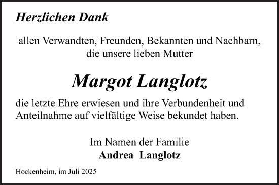 Traueranzeige von Margot Langlotz von Schwetzinger Zeitung