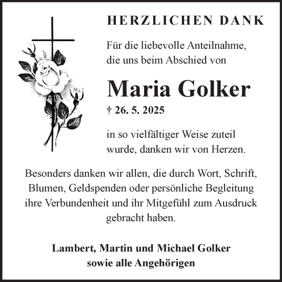 Traueranzeige von Maria Golker von Fränkische Nachrichten