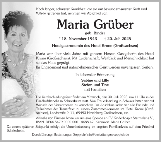Traueranzeige von Maria Grüber von Mannheimer Morgen