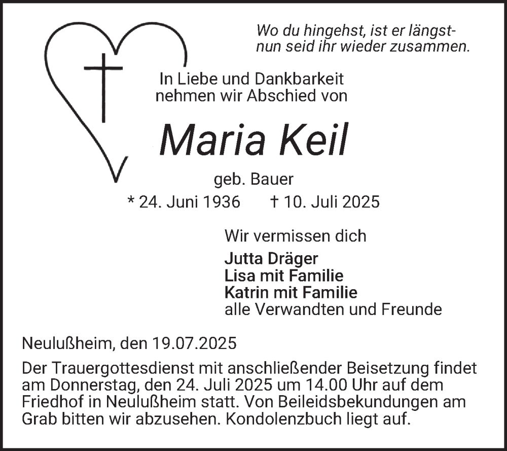  Traueranzeige für Maria Keil vom 19.07.2025 aus Schwetzinger Zeitung