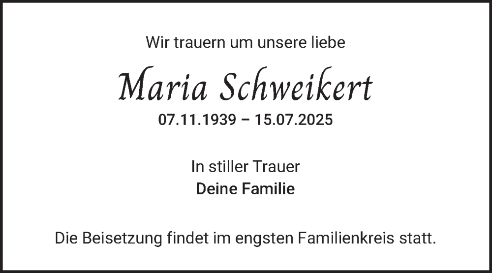  Traueranzeige für Maria Schweikert vom 19.07.2025 aus Schwetzinger Zeitung