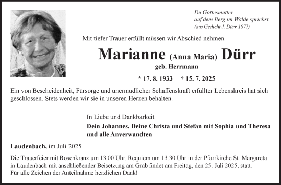 Traueranzeige von Marianne Dürr von Fränkische Nachrichten