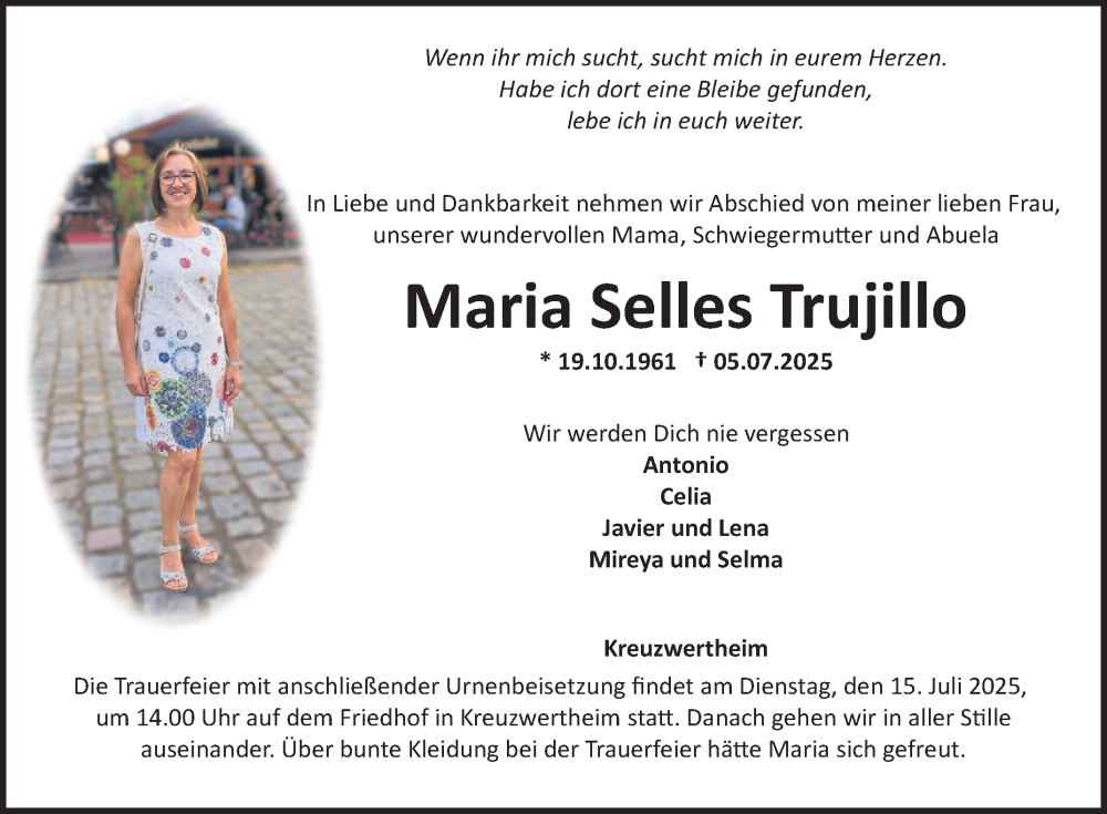  Traueranzeige für Maria Selles  Trujillo vom 10.07.2025 aus Fränkische Nachrichten