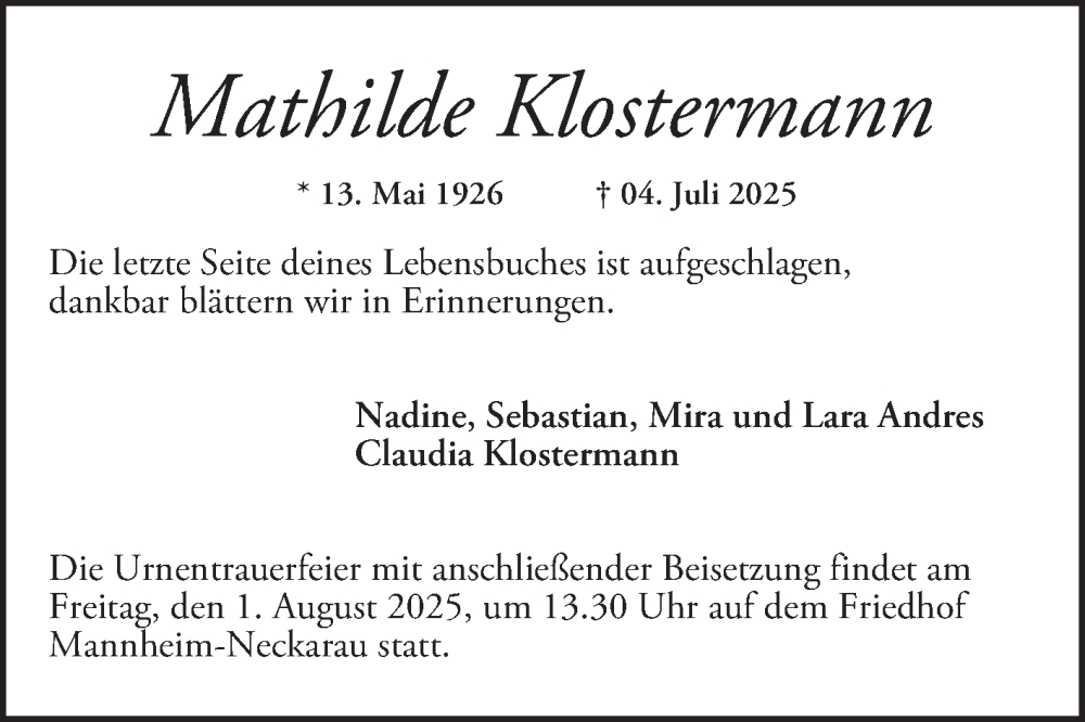  Traueranzeige für Mathilde Klostermann vom 19.07.2025 aus Mannheimer Morgen