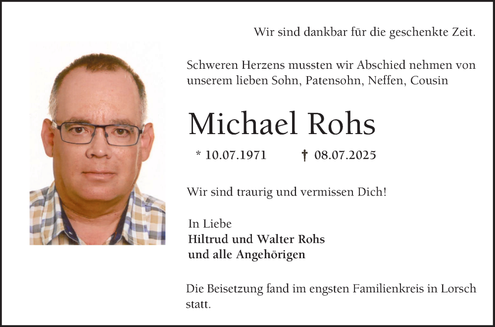  Traueranzeige für Michael Rohs vom 26.07.2025 aus Bergsträßer Anzeiger