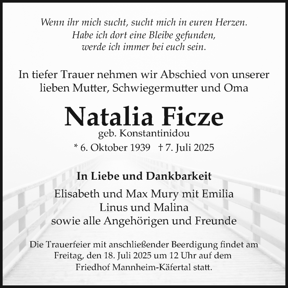  Traueranzeige für Natalia Ficze vom 12.07.2025 aus Mannheimer Morgen