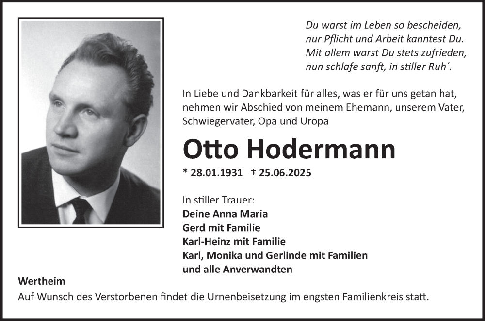  Traueranzeige für Otto Hodermann vom 05.07.2025 aus Fränkische Nachrichten
