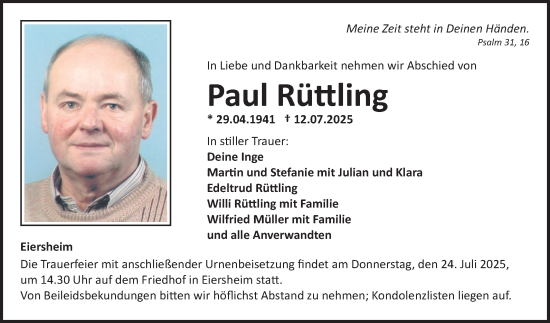 Traueranzeige von Paul Rüttling von Fränkische Nachrichten