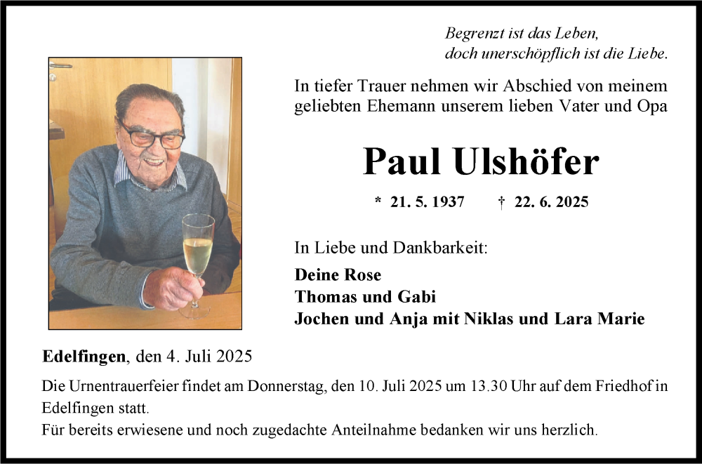  Traueranzeige für Paul Ulshöfer vom 04.07.2025 aus Fränkische Nachrichten