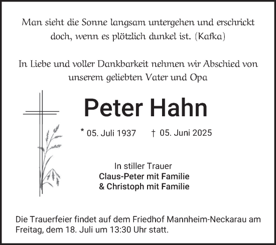 Traueranzeige von Peter Hahn von Mannheimer Morgen