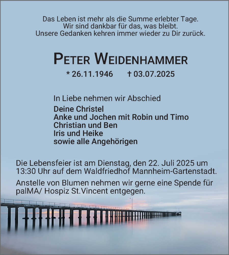  Traueranzeige für Peter Weidenhammer vom 19.07.2025 aus Mannheimer Morgen