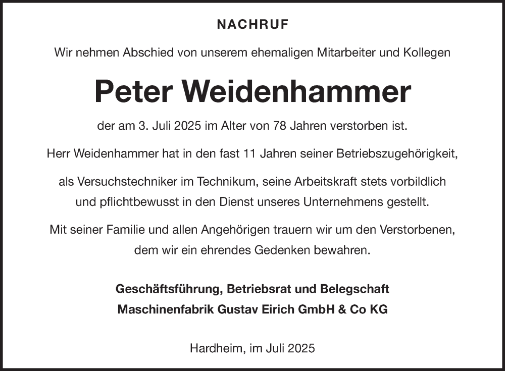 Traueranzeige für Peter Weidenhammer vom 12.07.2025 aus Fränkische Nachrichten