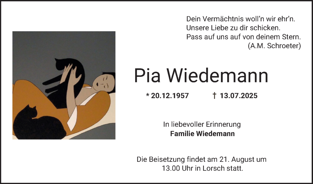 Traueranzeige für Pia Wiedemann vom 19.07.2025 aus Bergsträßer Anzeiger