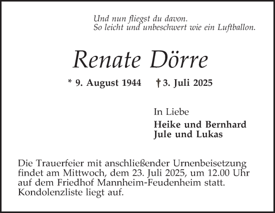 Traueranzeige von Renate Dörre von Mannheimer Morgen