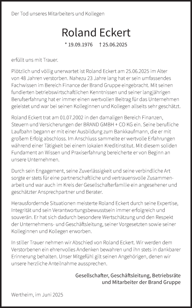  Traueranzeige für Roland Eckert vom 08.07.2025 aus Fränkische Nachrichten