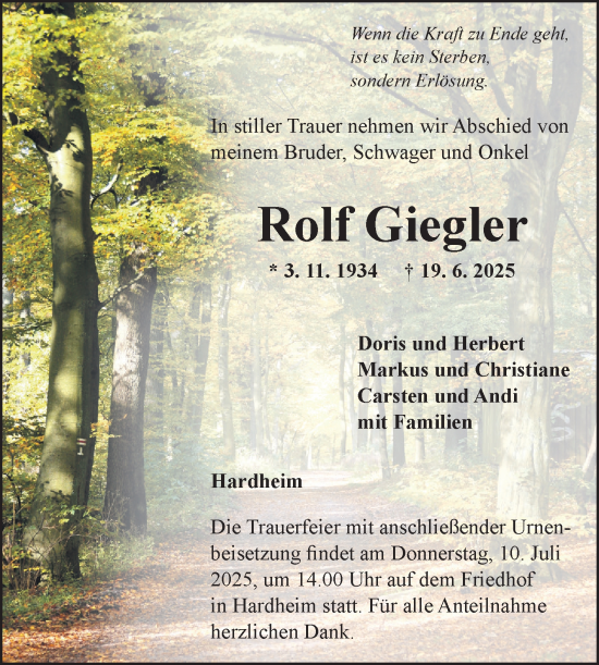 Traueranzeige von Rolf Giegler von Fränkische Nachrichten