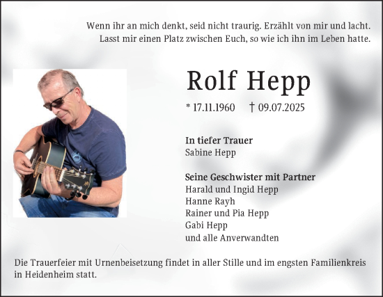 Traueranzeige von Rolf Hepp von Schwetzinger Zeitung