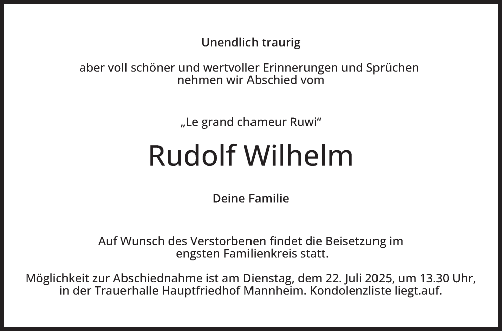  Traueranzeige für Rudolf Wilhelm vom 19.07.2025 aus Mannheimer Morgen