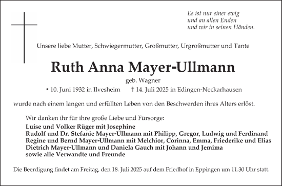 Traueranzeige von Ruth Anna Mayer-Ullmann von Mannheimer Morgen