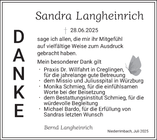Traueranzeige von Sandra Langheinrich von Fränkische Nachrichten