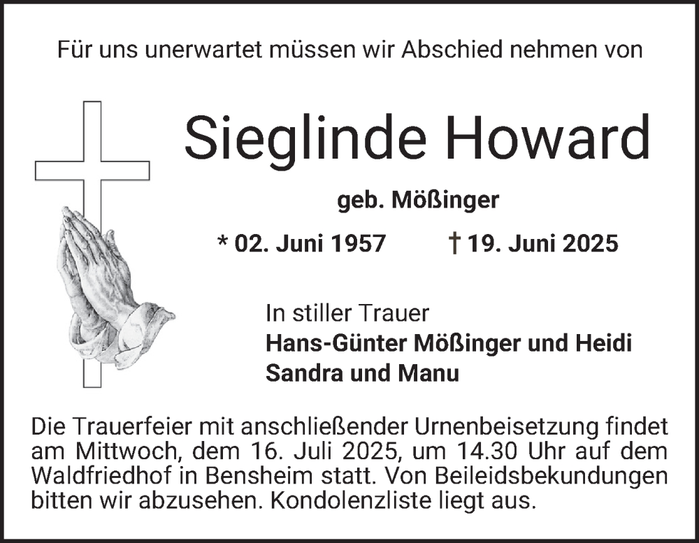  Traueranzeige für Sieglinde Howard vom 12.07.2025 aus Bergsträßer Anzeiger
