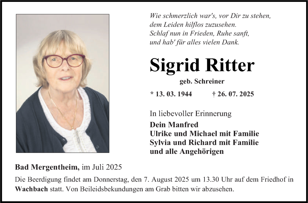  Traueranzeige für Sigrid Ritter vom 31.07.2025 aus Fränkische Nachrichten