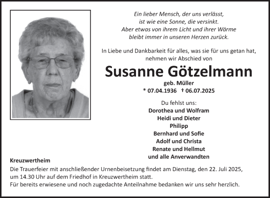 Traueranzeige von Susanne Götzelmann von Fränkische Nachrichten