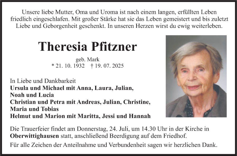  Traueranzeige für Theresia Pfitzner vom 22.07.2025 aus Fränkische Nachrichten