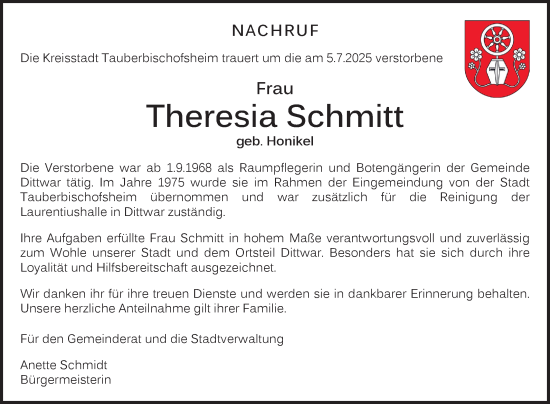 Traueranzeige von Theresia Schmitt von Fränkische Nachrichten
