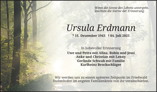 Traueranzeige von Ursula Erdmann von Schwetzinger Zeitung