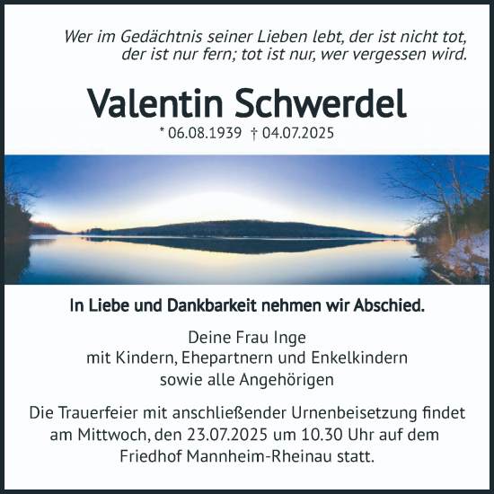 Traueranzeige von Valentin Schwerdel von Mannheimer Morgen