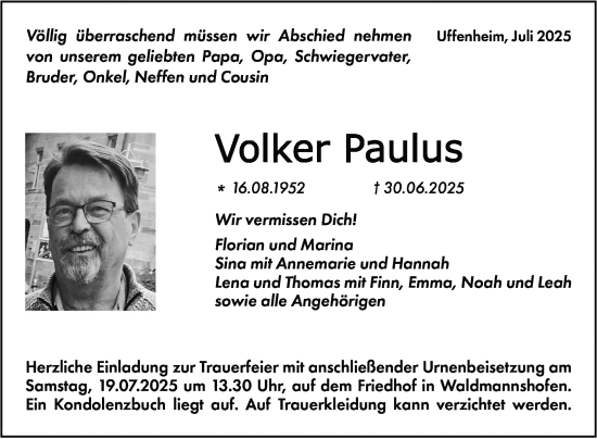 Traueranzeige von Volker Paulus von Fränkische Nachrichten