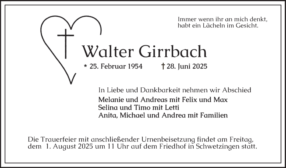  Traueranzeige für Walter Girrbach vom 26.07.2025 aus Schwetzinger Zeitung