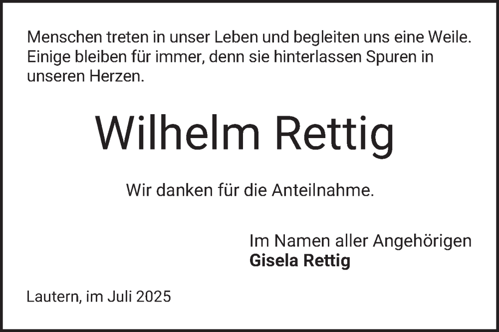  Traueranzeige für Wilhelm Rettig vom 19.07.2025 aus Bergsträßer Anzeiger