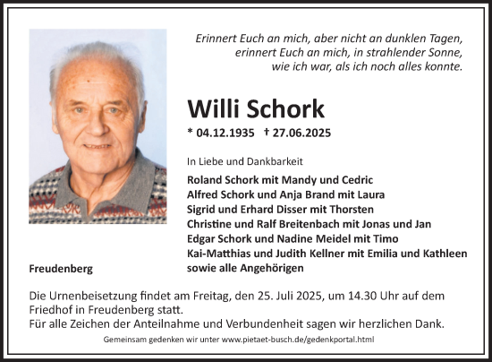 Traueranzeige von Willi Schork von Fränkische Nachrichten