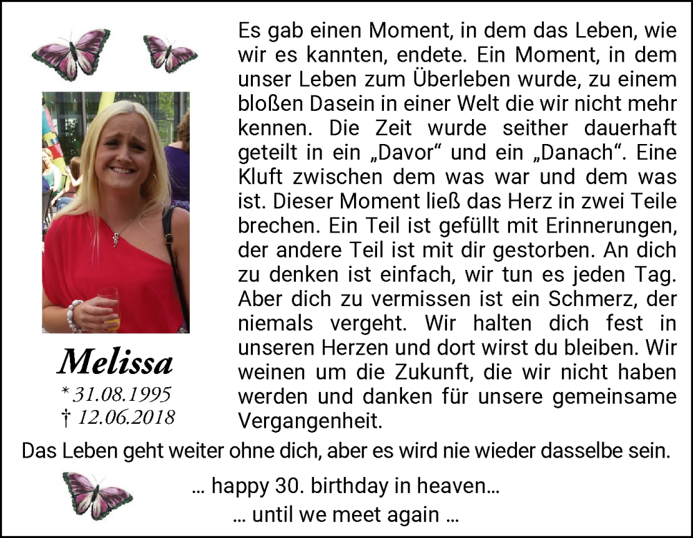  Traueranzeige für Melissa Diehl vom 30.08.2025 aus Bergsträßer Anzeiger