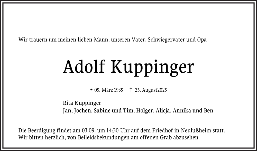  Traueranzeige für Adolf Kuppinger vom 30.08.2025 aus Schwetzinger Zeitung