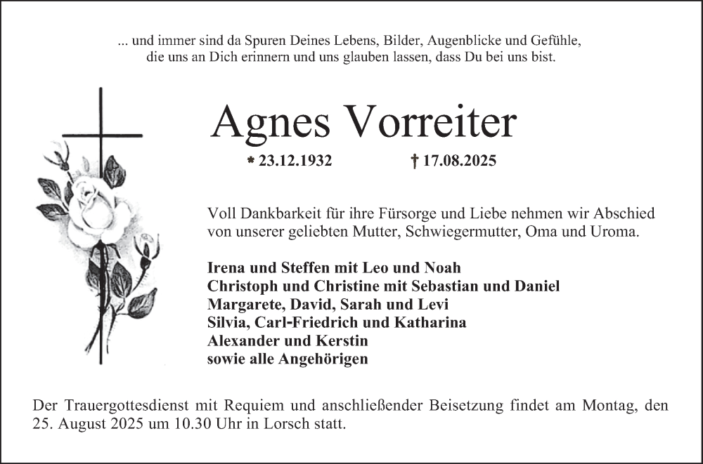  Traueranzeige für Agnes Vorreiter vom 23.08.2025 aus Bergsträßer Anzeiger