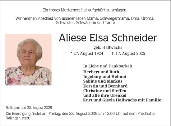 Traueranzeige von Aliese Elsa Schneider von Schwetzinger Zeitung