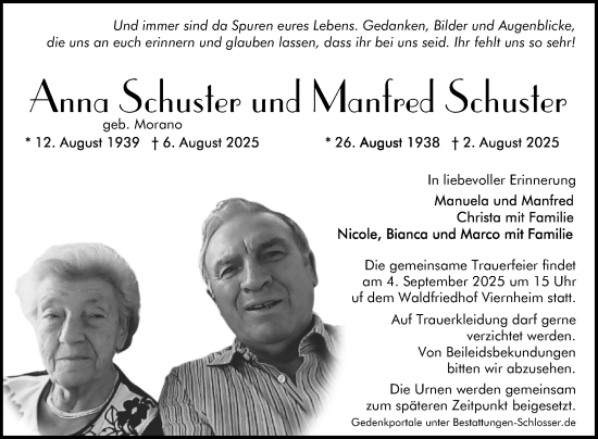 Traueranzeige von Anna Schuster von Mannheimer Morgen