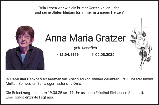 Traueranzeige von Anna Maria Gratzer von Bergsträßer Anzeiger