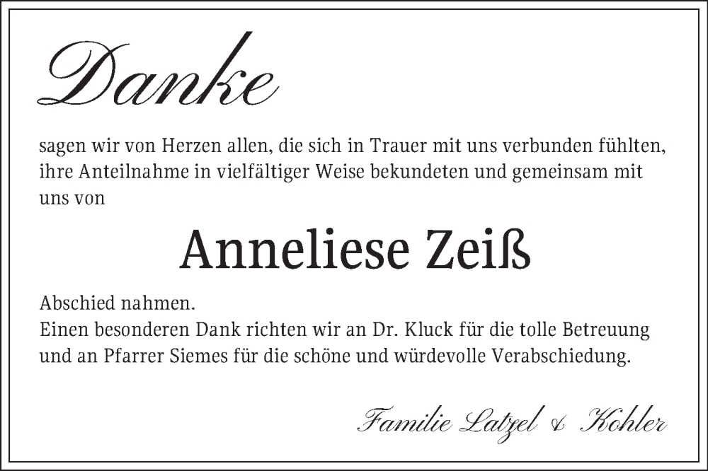  Traueranzeige für Anneliese Zeiß vom 04.08.2025 aus Bergsträßer Anzeiger